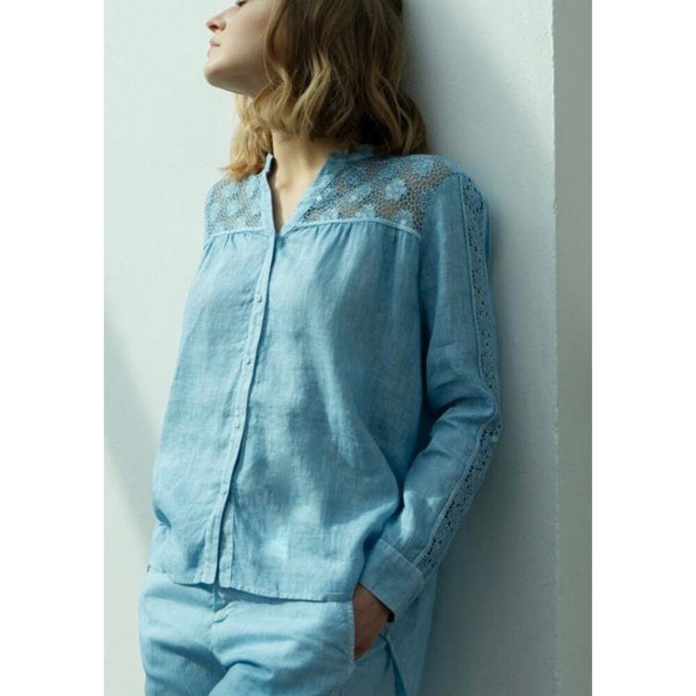 120% Lino NEW Button Down Shirt with Crochet Details Size 42 100% Linen